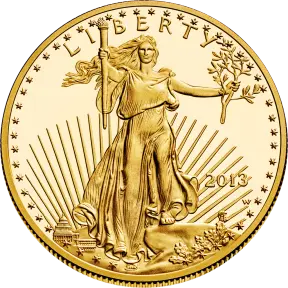 The front of a 2013 American Gold Eagle one-ounce gold coin with mirror-like fields: Liberty striding forward with a torch and an olive branch, rays of the sun behind her and the Capitol at the lower left, LIBERTY above, a ring of stars at the rim, the date 2013 at the right and a small mintmark W under it.