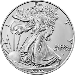 The front of a 2022 American Silver Eagle one-ounce silver coin: Liberty striding toward the rising sun with a flag about her shoulders, LIBERTY around the rim, IN GOD WE TRUST at the right and the date 2022 at the bottom.