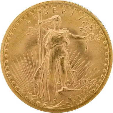 The front of a 1907 Saint-Gaudens gold double eagle: Liberty striding forward with a torch in one hand and an olive branch in the other, rays of the sun behind her, LIBERTY above, a ring of stars at the rim and the date 1907 at the lower right.