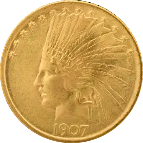 The front of a 1907 Indian Head gold eagle: Liberty facing left in a feathered headdress with LIBERTY on its band, an arc of stars above and the date 1907 below.