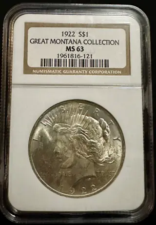 A 1922 Peace silver dollar, front up, sealed in a clear hard plastic holder. A printed label above the coin gives the date and denomination, the name of a collection, a grade and a serial number over a bar code.
